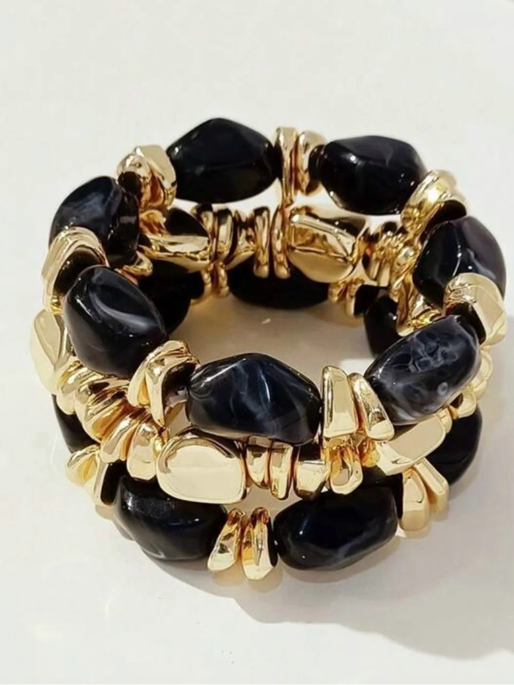 3pcs Gold & Black Bead Stretch Bracelet-retro tick Bohemian multi layer
